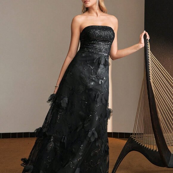 Black Party Women's Sequins Bodice Flower Embroidery Mesh Flare Long Dress - Picture 4 of 7